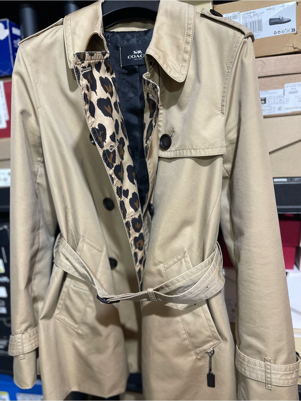 Coach Tan Trench Coat with Leopard-Print Lining - Size S